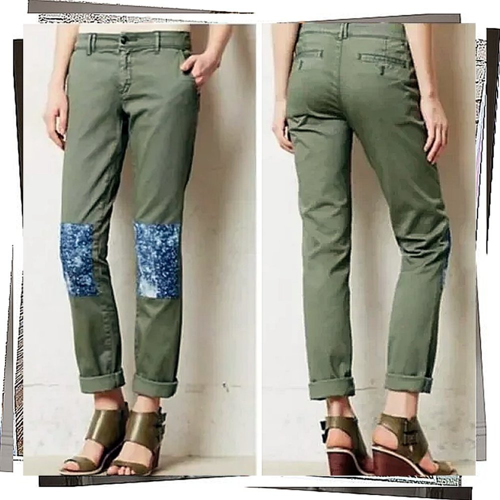 Sage Green Slim Straight Leg Chinos w Floral Patches At Knee (26) by Pilcro